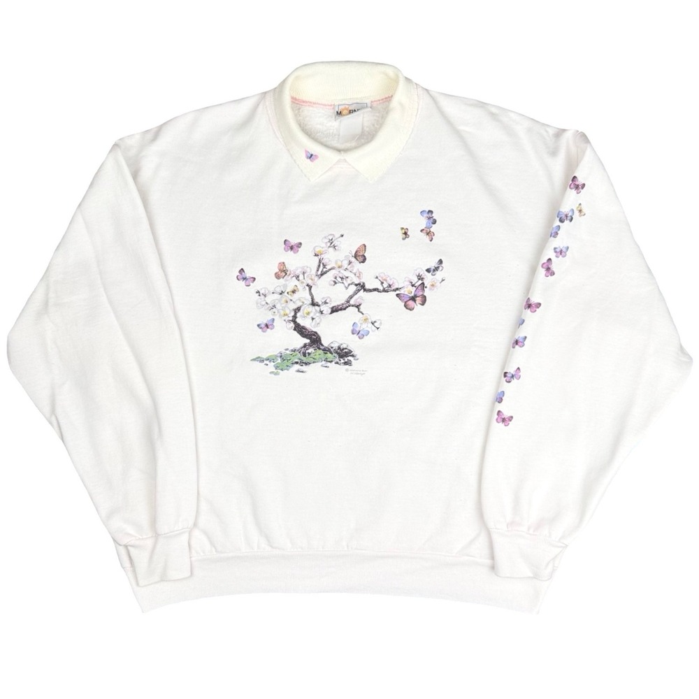 Vintage‎ Butterfly Cherry Blossom Sweatshirt Morning Sun Collared USA Large